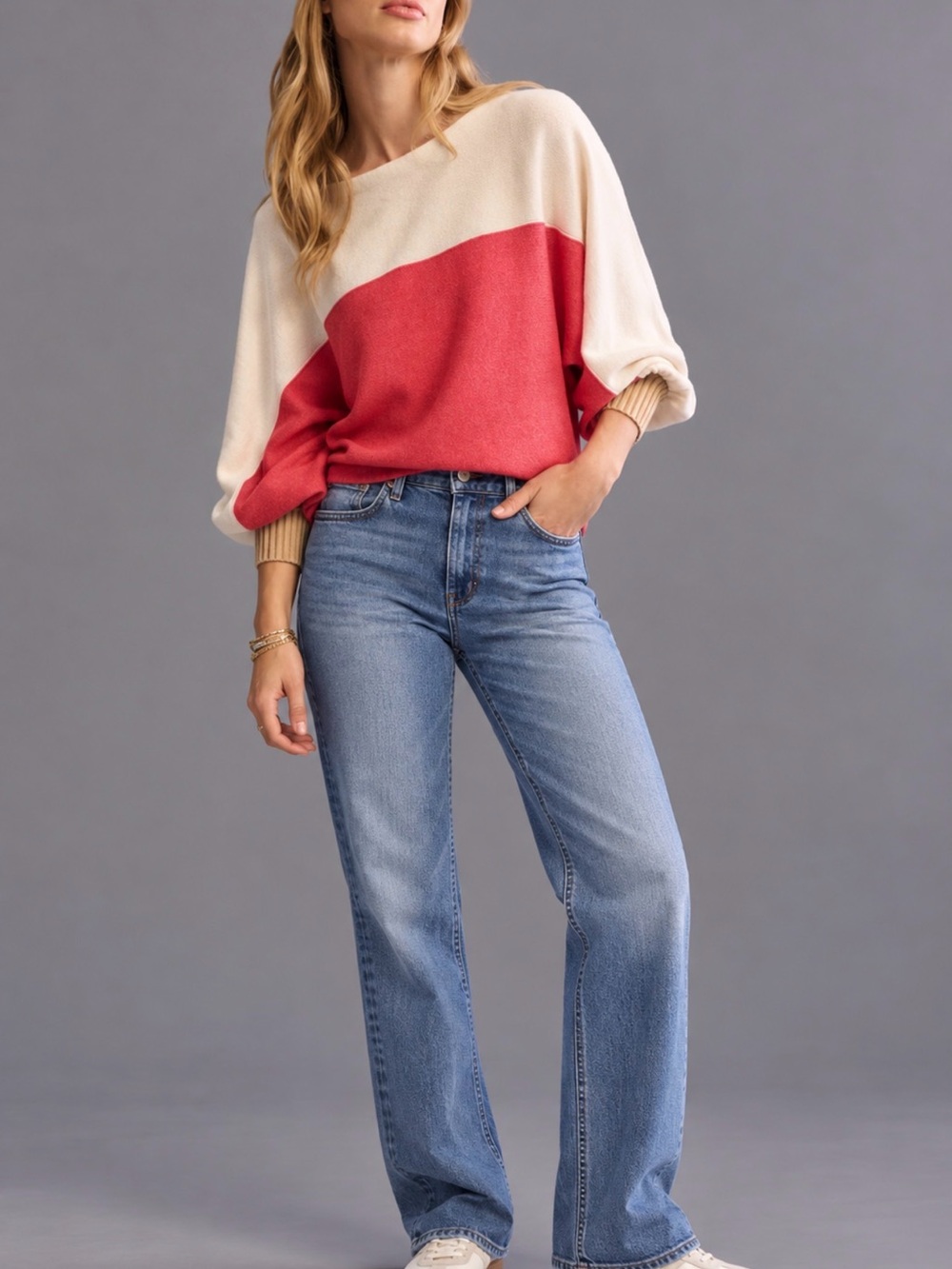 Maeve by Anthropologie Colorblock Scoopneck Sweater in Coral, Cream Size Small